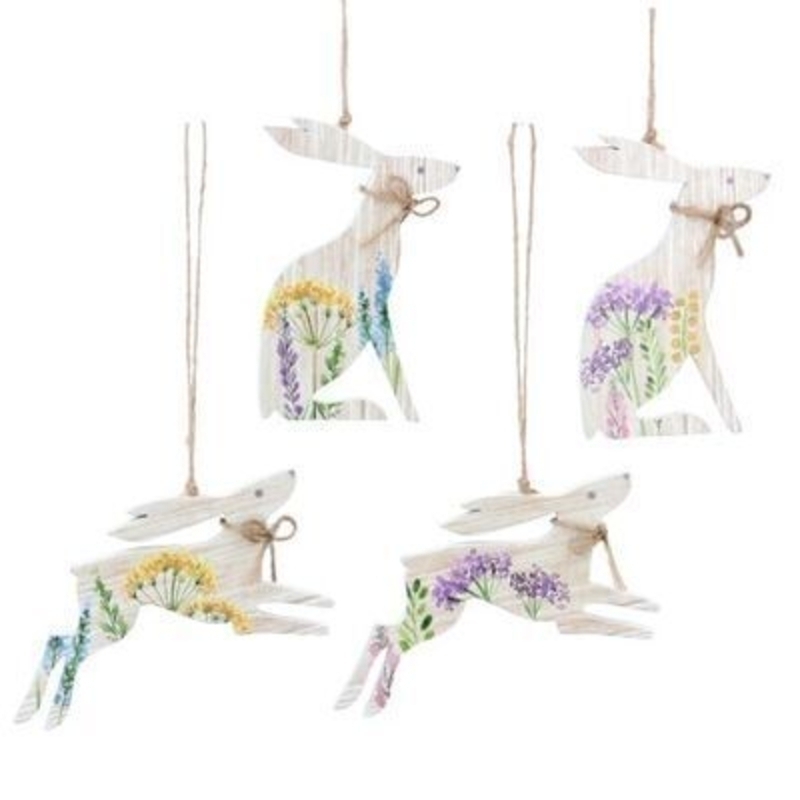Wooden hanging decoration in the shape of a hare with purple yellow and blue spring meadow floral detail. The perfect addition to your home for Easter and Spring. By Gisela Graham.
